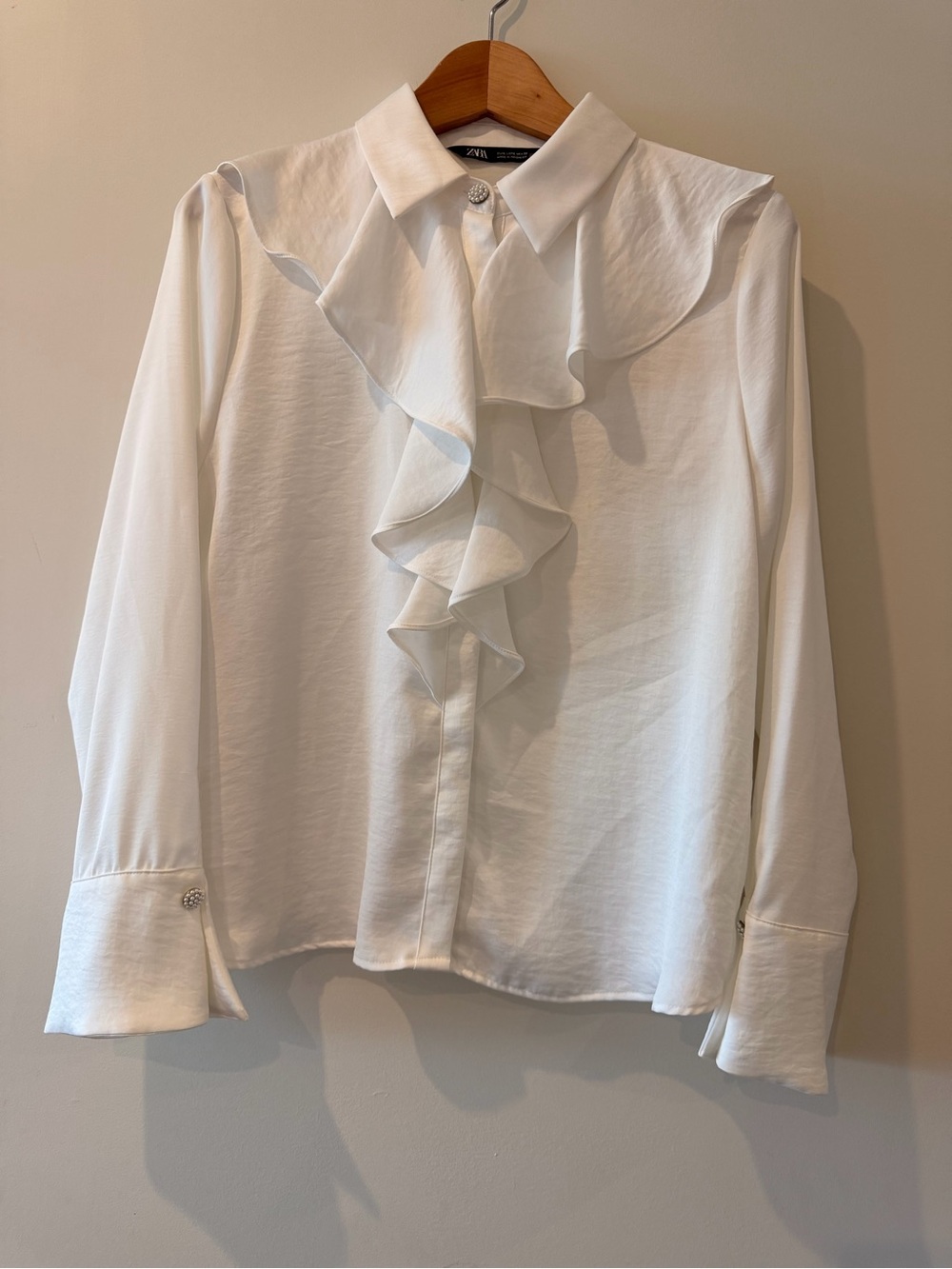 Zara Pearl-Embellished White Collared Blouse